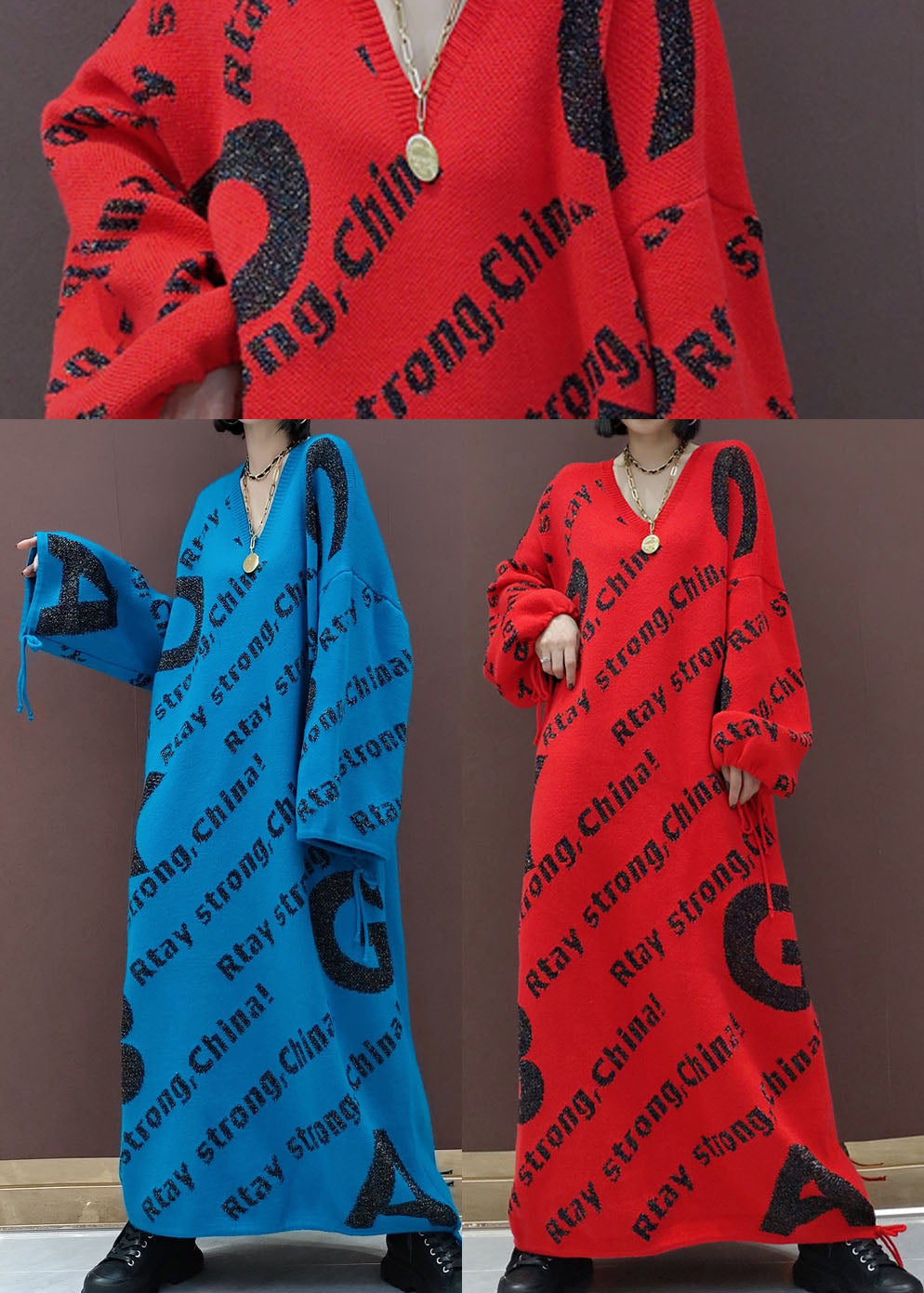 Blue Print Loose Knit Sweater Long Dress Spring
