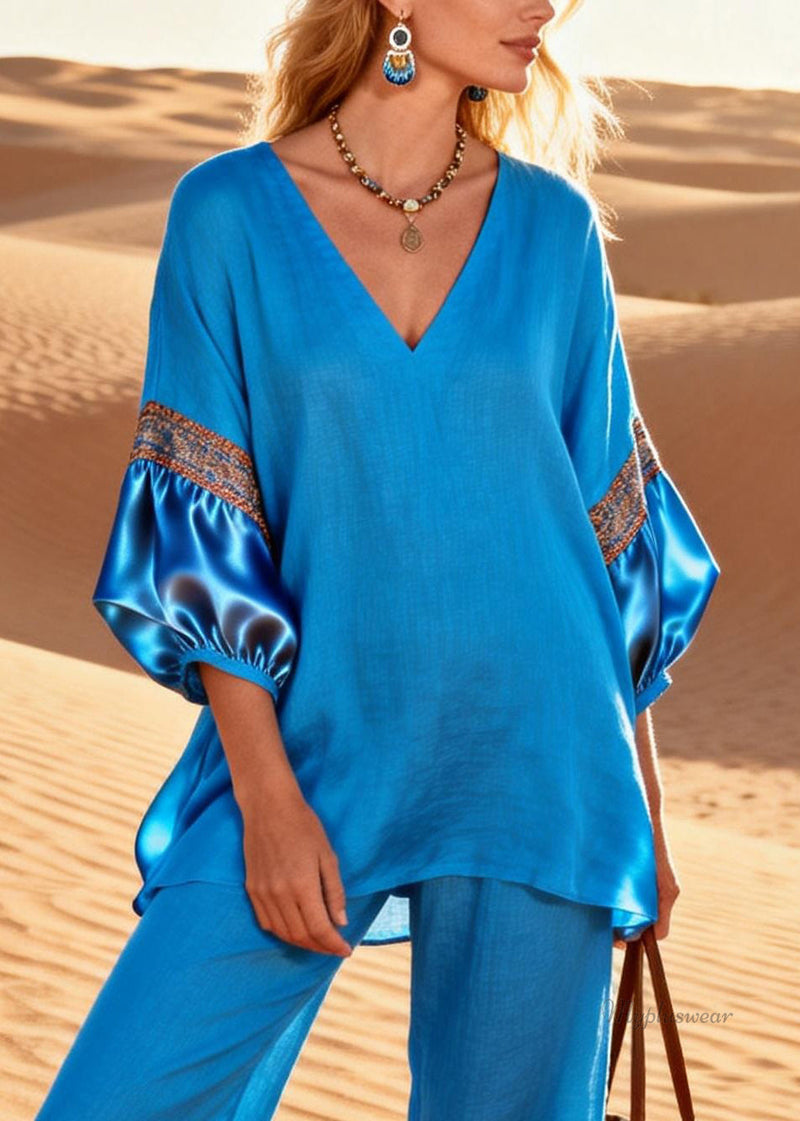 Blue Silk Patchwork Tops and Crop Pants Linen Two Piece Set V Neck Bracelet Sleeve