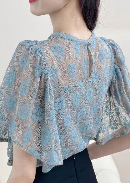 Blue Button Blouses O-neck Short Sleeve