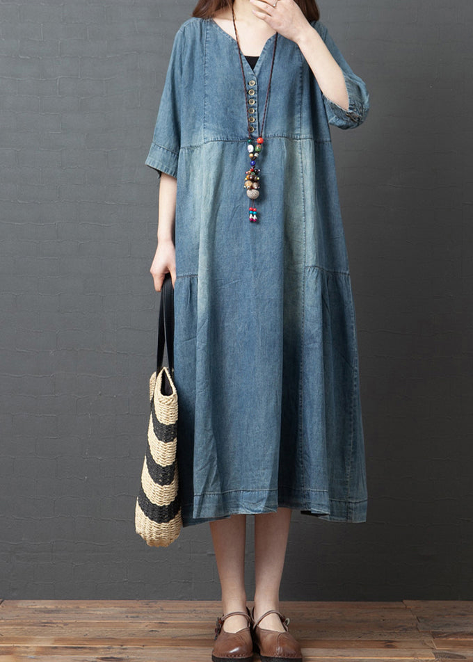 Blue Patchwork Cotton Denim Dresses Button Half Sleeve1