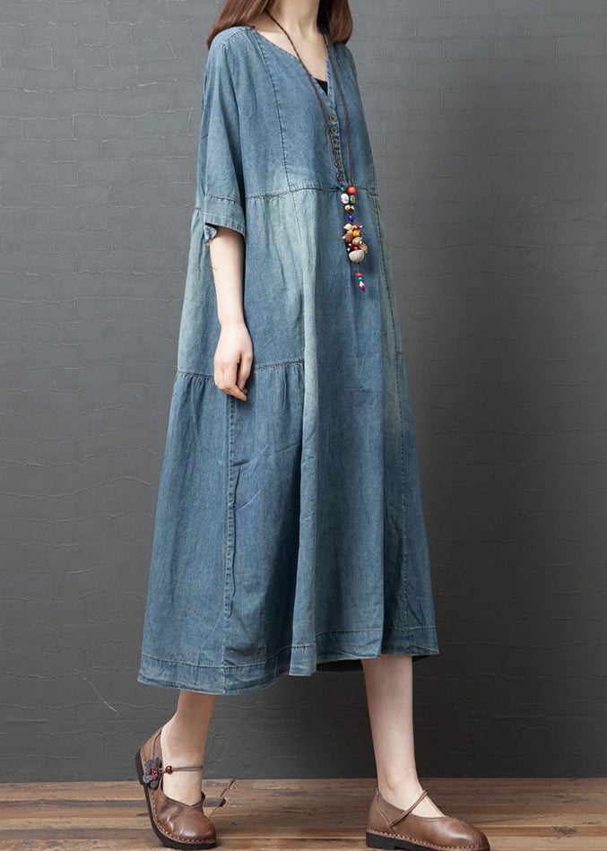 Blue Patchwork Cotton Denim Dresses Button Half Sleeve1