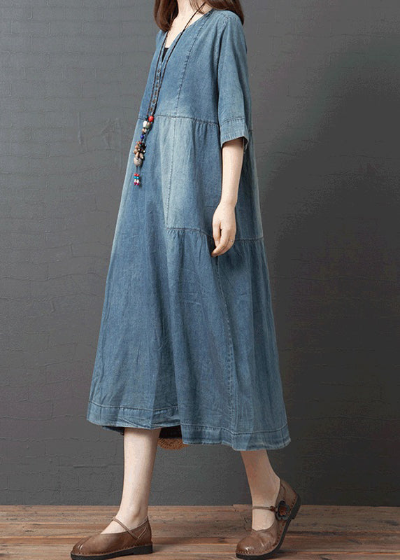 Blue Patchwork Cotton Denim Dresses Button Half Sleeve1