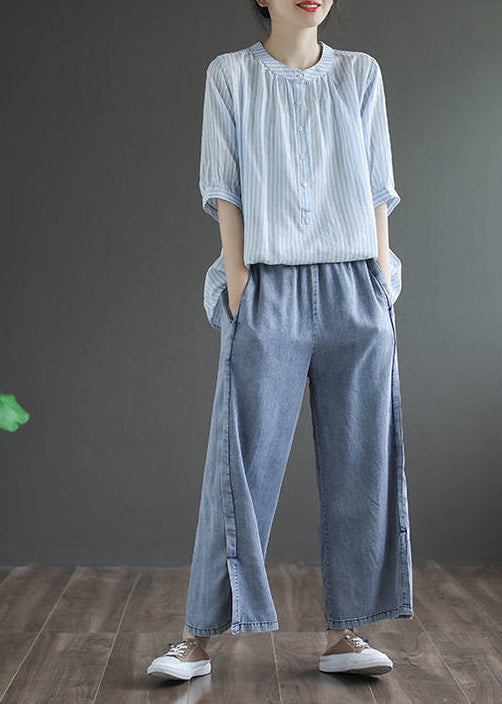 Blue Striped Cotton Shirt Top O-neck Oversized Half Sleeve