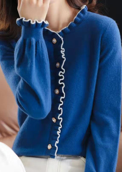 Blue Thick Knit Cardigan Pearl Button Ruffled Winter