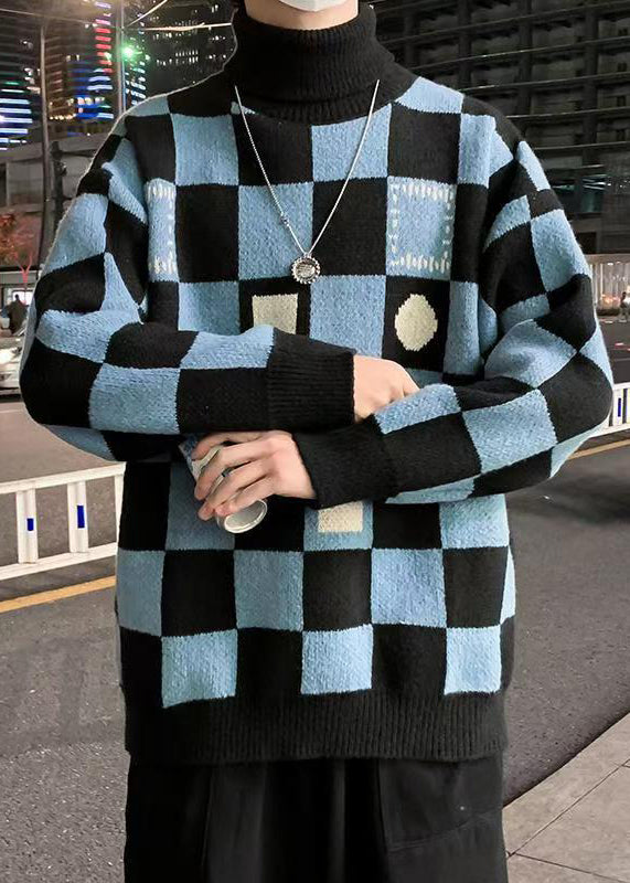 Blue Thick Patchwork Knit Sweaters Turtleneck Winter