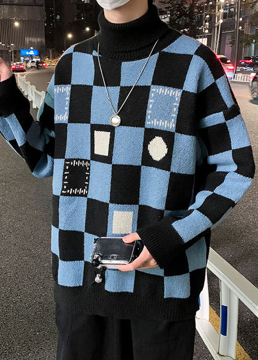Blue Thick Patchwork Knit Sweaters Turtleneck Winter