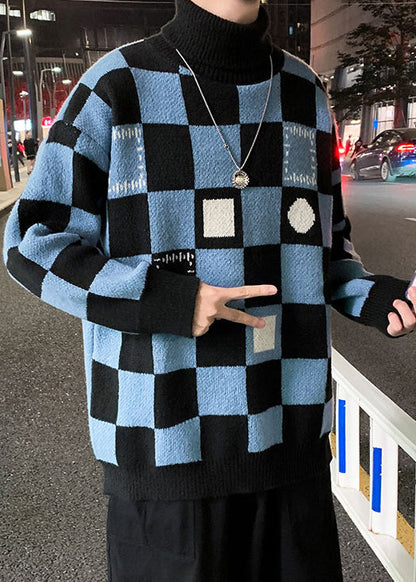 Blue Thick Patchwork Knit Sweaters Turtleneck Winter