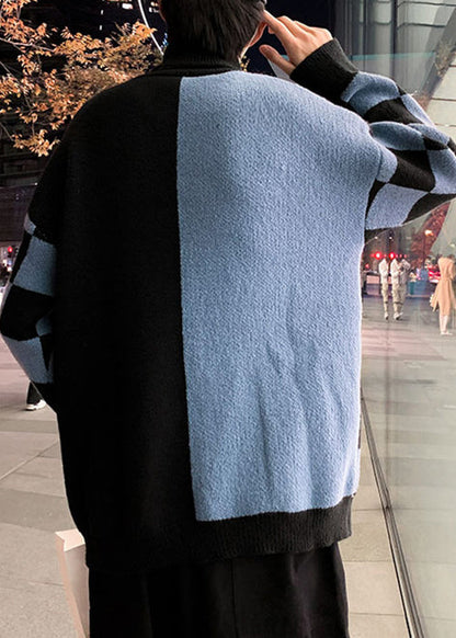 Blue Thick Patchwork Knit Sweaters Turtleneck Winter