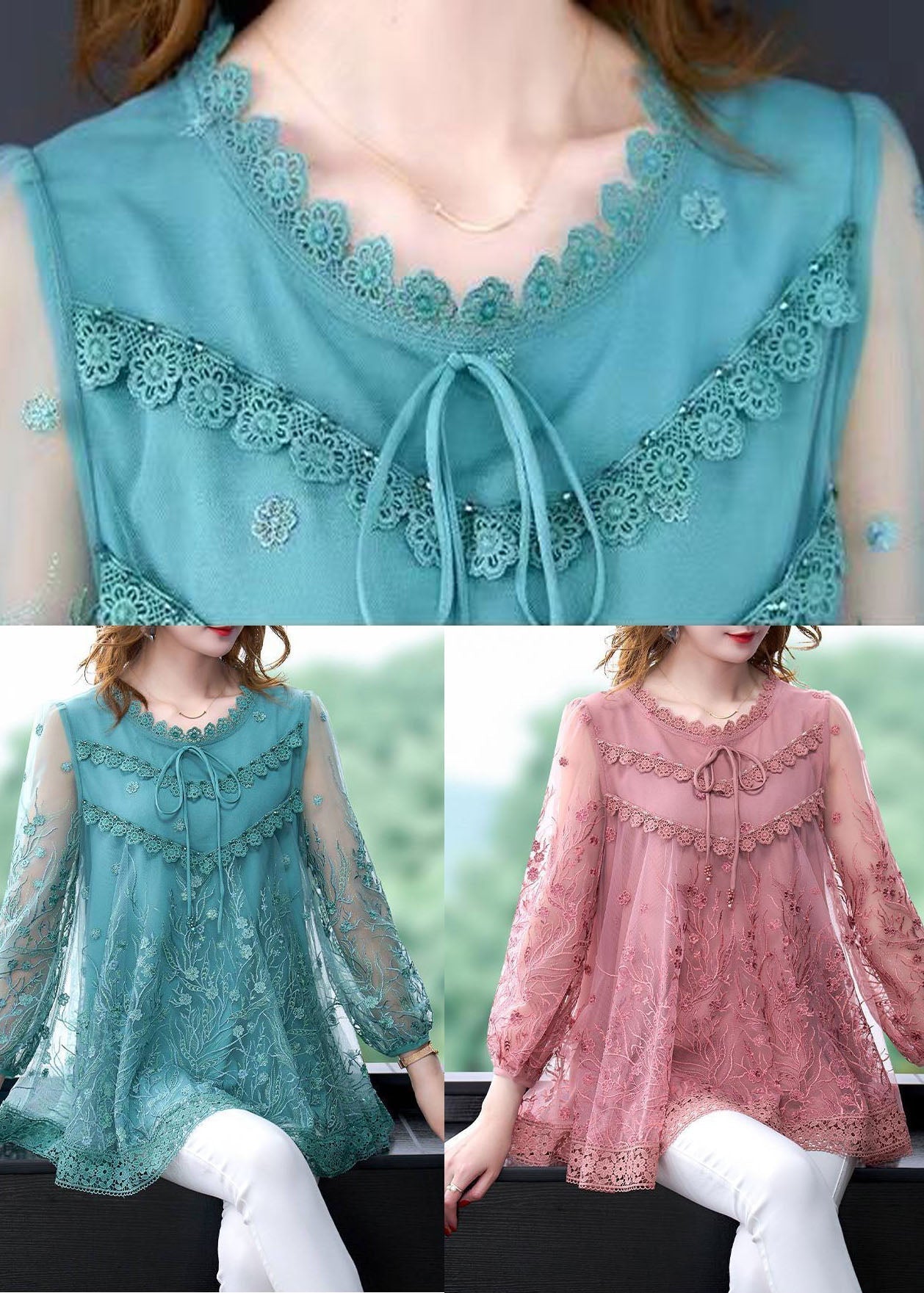 Blue Tulle a Line Top Embroideried Hollow Out Summer