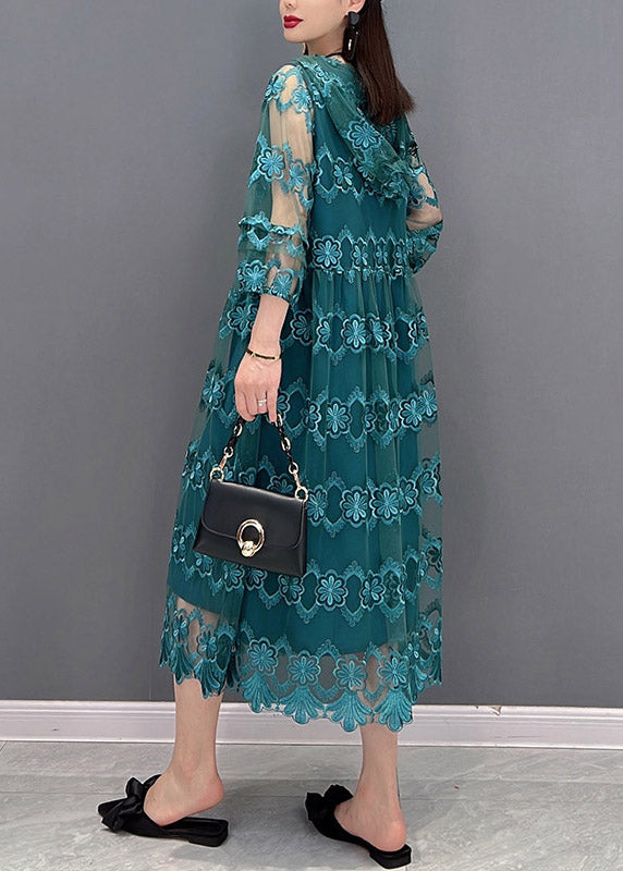 Blue V Neck Tulle Patchwork Hooded Dress Three Quarter Sleeve