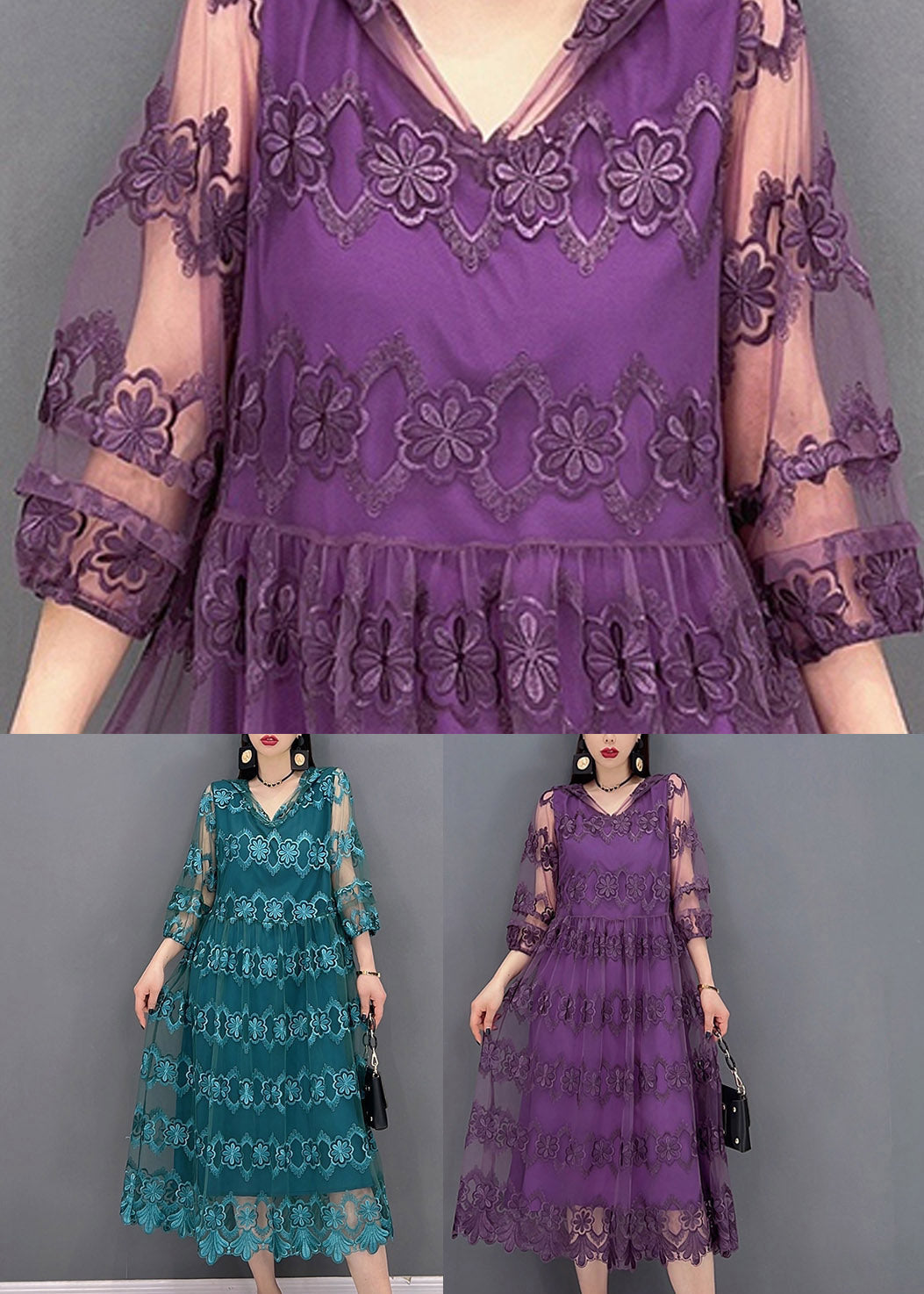 Blue V Neck Tulle Patchwork Hooded Dress Three Quarter Sleeve