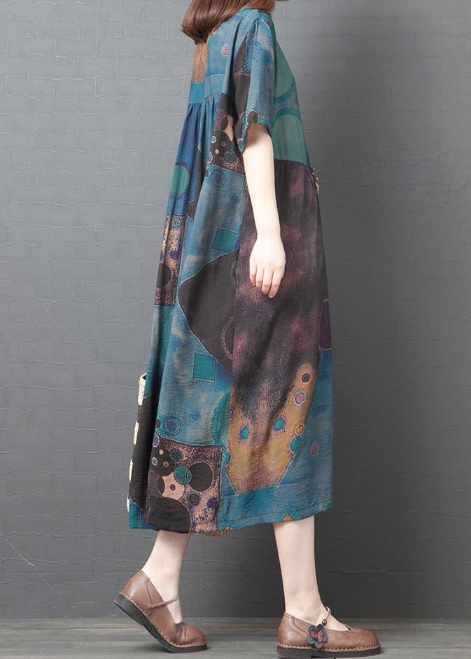 Blue Cotton Long Dresses Asymmetrical Design Short Sleeve