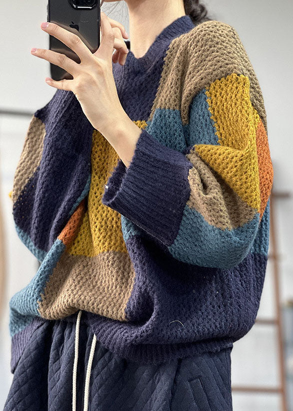 Blue Warm Patchwork Knitted Tops O-neck Oversized Winter