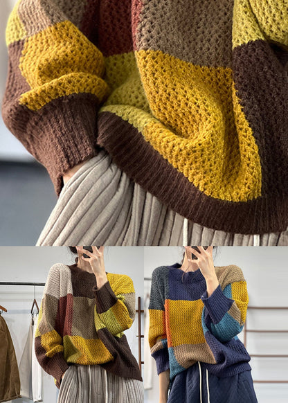 Blue Warm Patchwork Knitted Tops O-neck Oversized Winter