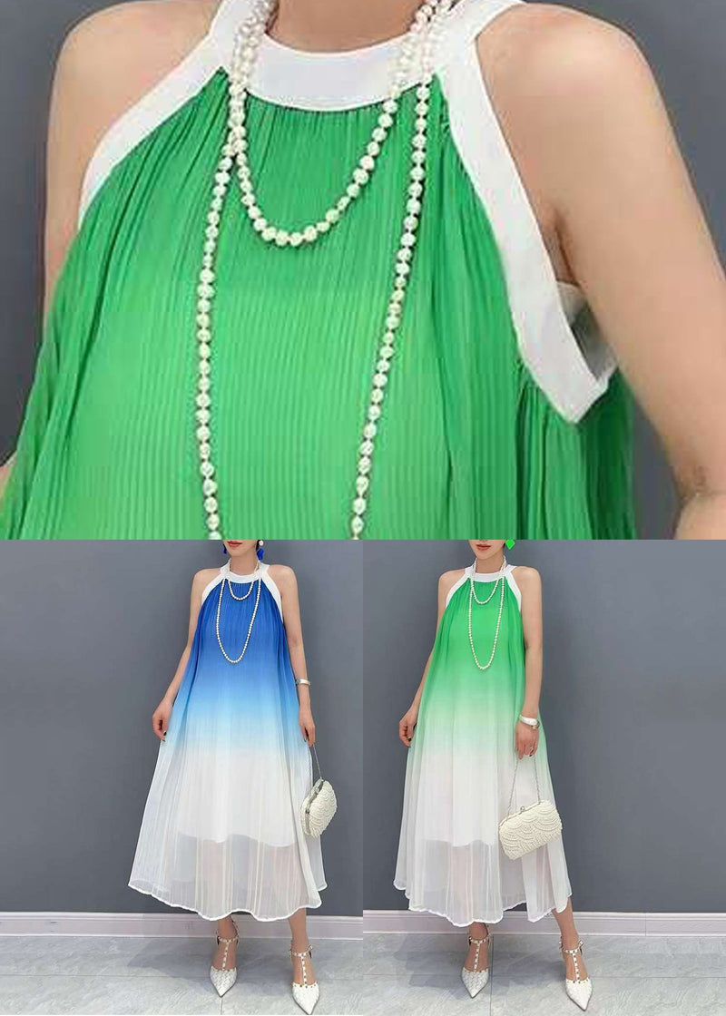 Blue Wrinkled Patchwork Chiffon Long Dresses Summer