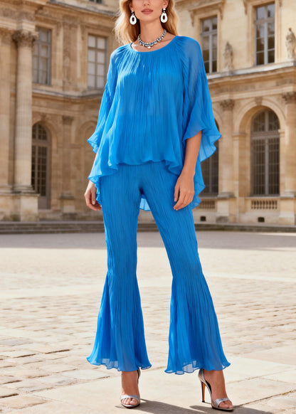 Blue Wrinkled Tops and Flared Trousers Two Piece Set O Neck Batwing Sleeve