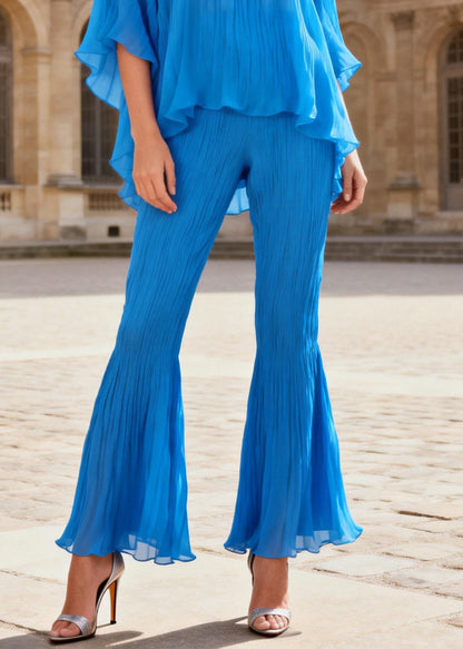 Blue Wrinkled Tops and Flared Trousers Two Piece Set O Neck Batwing Sleeve