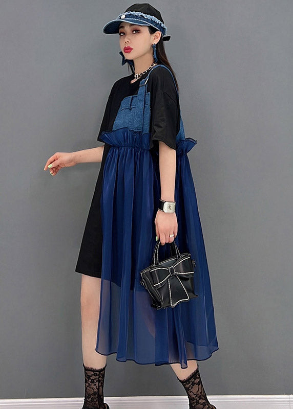 Blue Asymmetrical Denim Tulle Patchwork Dresses Short Sleeve