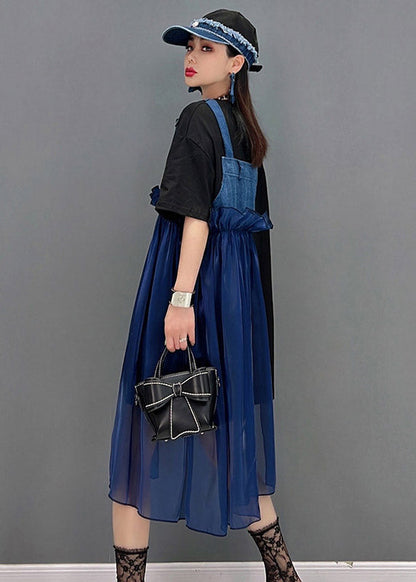 Blue Asymmetrical Denim Tulle Patchwork Dresses Short Sleeve