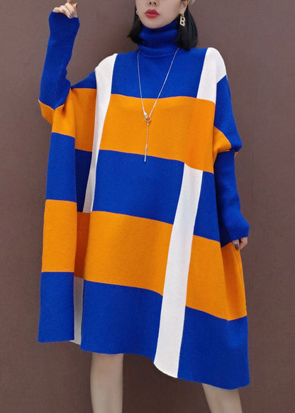 Blue Orange Knit Dresses Batwing Sleeve Spring