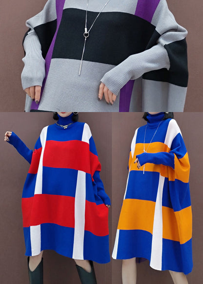 Blue Orange Knit Dresses Batwing Sleeve Spring