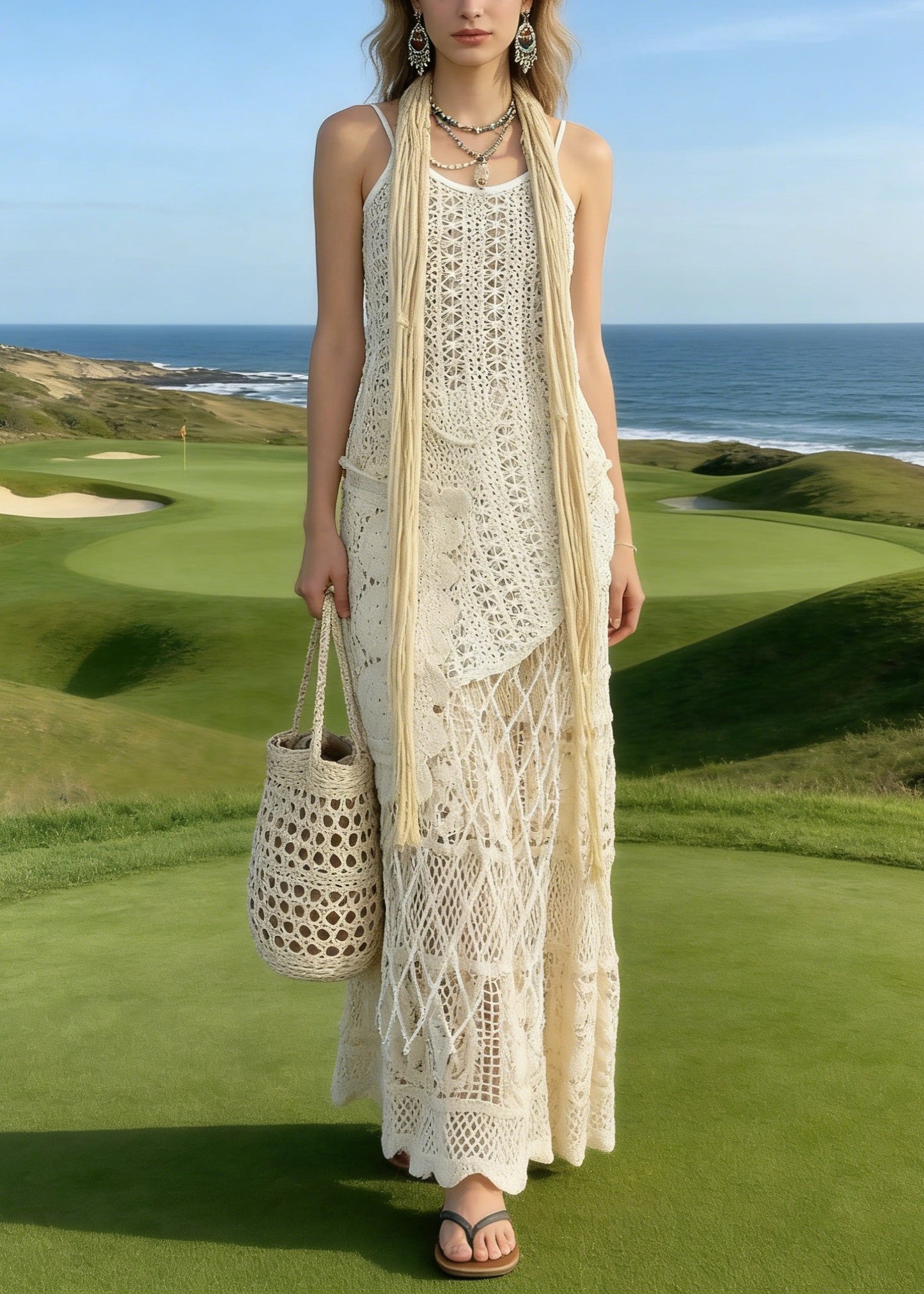 Apricot Asymmetrical Lace Knit Two Piece Suit Set Summer