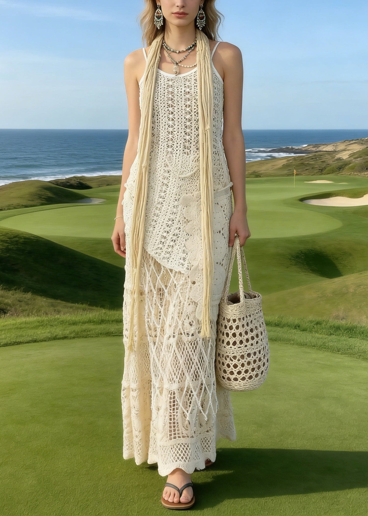 Apricot Asymmetrical Lace Knit Two Piece Suit Set Summer