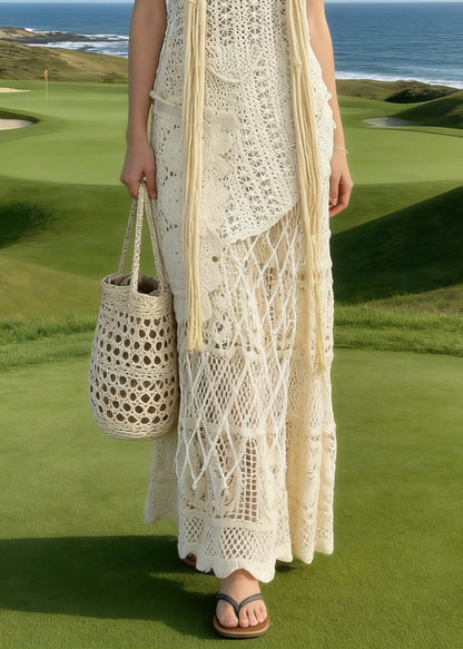 Apricot Asymmetrical Lace Knit Two Piece Suit Set Summer