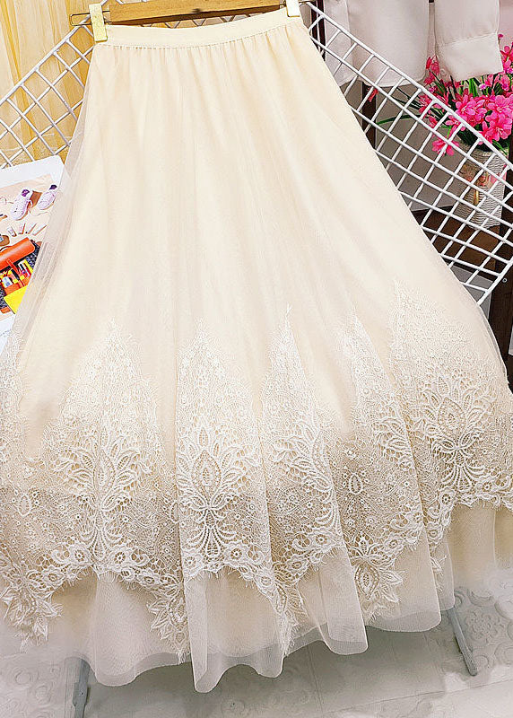 Apricot Asymmetrical Patchwork Lace Tulle Skirt Summer