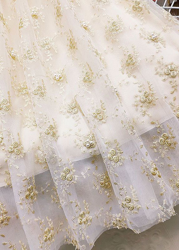 Apricot Elastic Waist Embroideried Nail Bead Tulle Skirts Summer