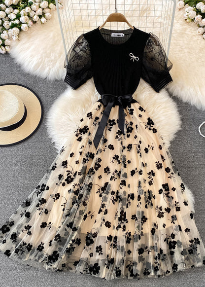 Apricot O-neck Embroideried Bow Tie Waist Knit Patchwork Tulle Maxi Dress Short Sleeve