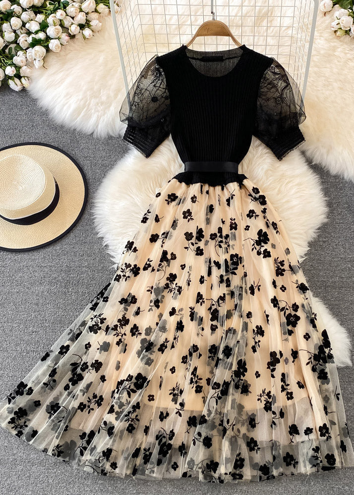 Apricot O-neck Embroideried Bow Tie Waist Knit Patchwork Tulle Maxi Dress Short Sleeve