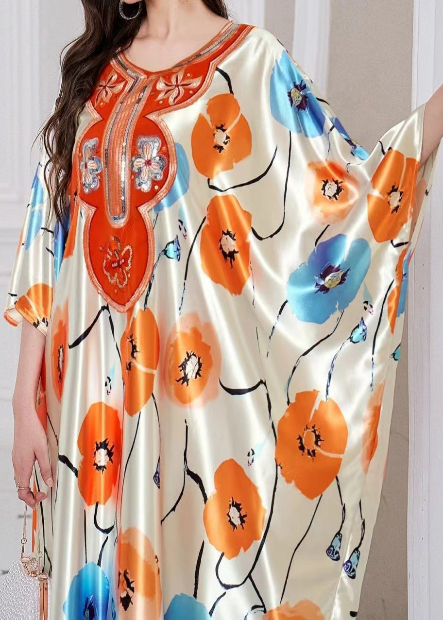Apricot Oversized Print Silk Holiday Dress Summer