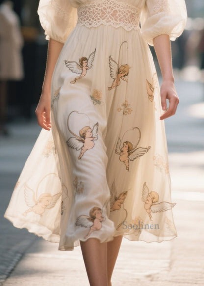 Apricot Print Lace Patchwork Chiffon Dress Summer