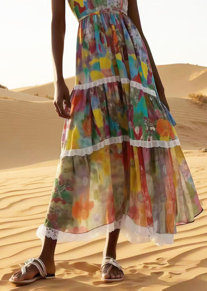 Apricot Print Patchwork Lace Chiffon Sundress Summer