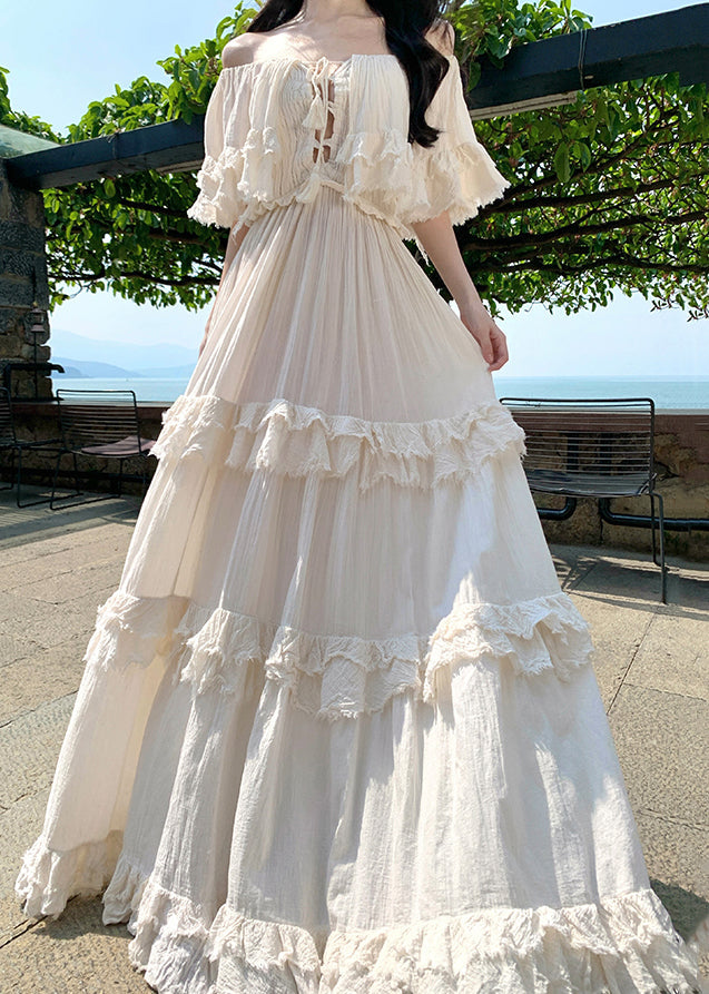 Apricot Slash Neck Ruffled Cotton Exra Large Hem Dress Summer