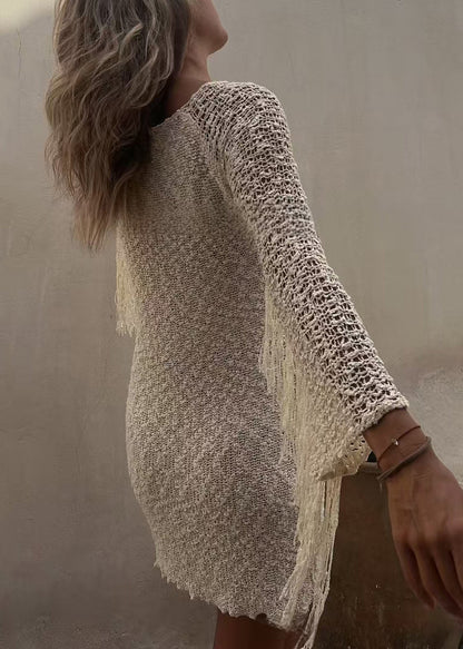 Apricot Tasseled Hollow Out Knit Mid Dress Spring
