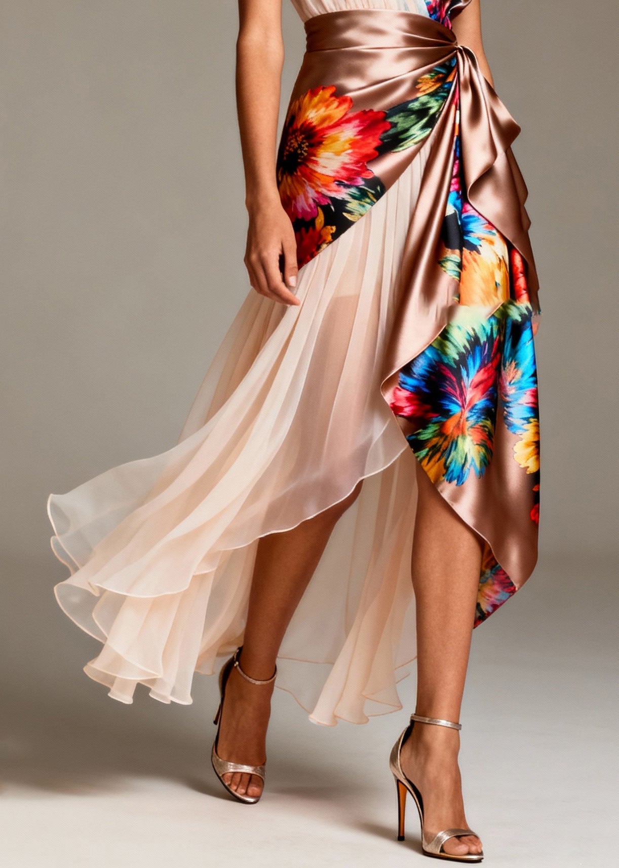 Asymmetrical Patchwork Tulle Silk Party Dresses Sleeveless