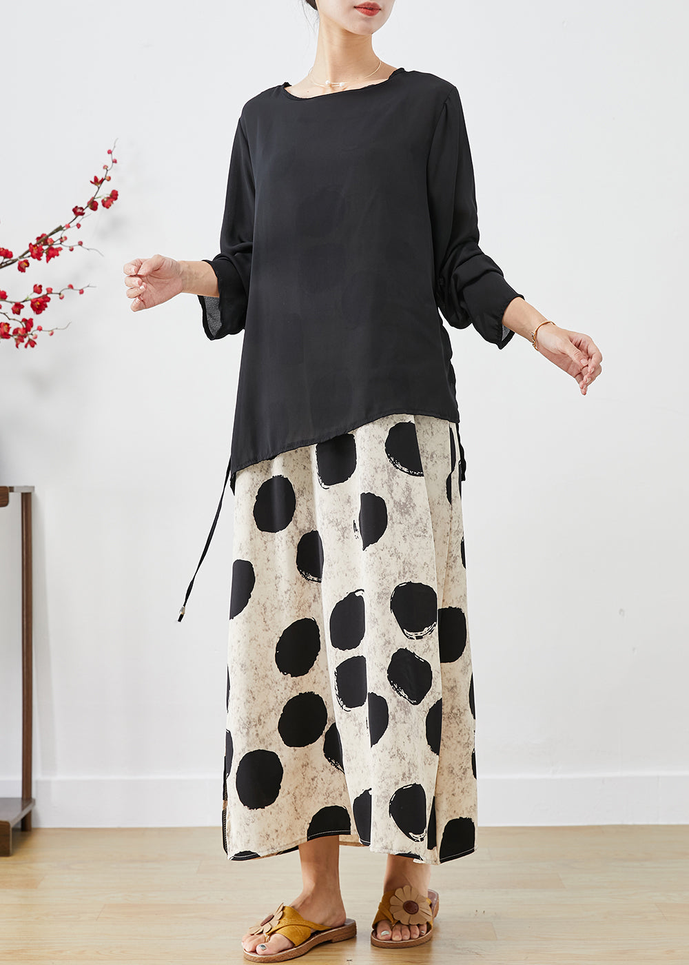 Asymmetrical Print Draping Chiffon Dress Two Pieces Set Fall