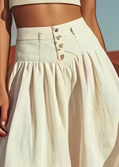 Beige Button High Waist Cotton Skirts Summer