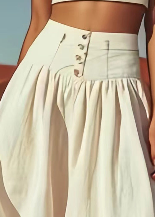 Beige Button High Waist Cotton Skirts Summer