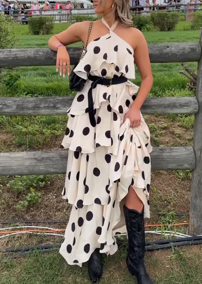 Beige Layered Ruffled Print Cotton Halter Dresses Summer