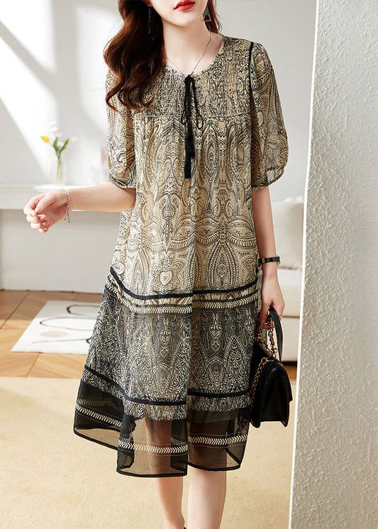 Beige O-neck Print Chiffon Maxi Dress Short Sleeve