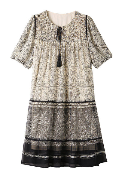 Beige O-neck Print Chiffon Maxi Dress Short Sleeve
