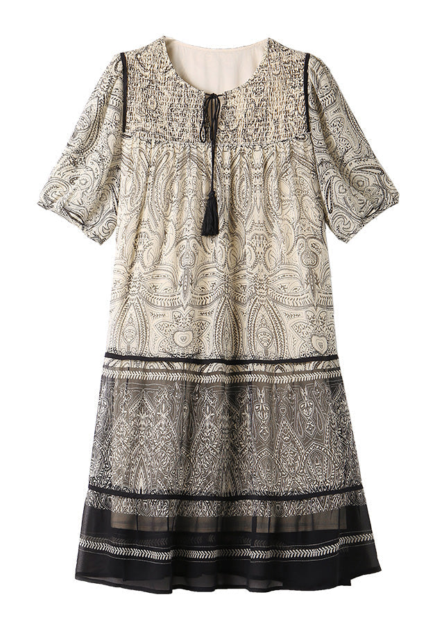 Beige O-neck Print Chiffon Maxi Dress Short Sleeve