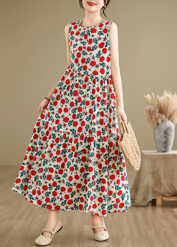 Beige O Neck Print Cotton Long Dresses Sleeveless