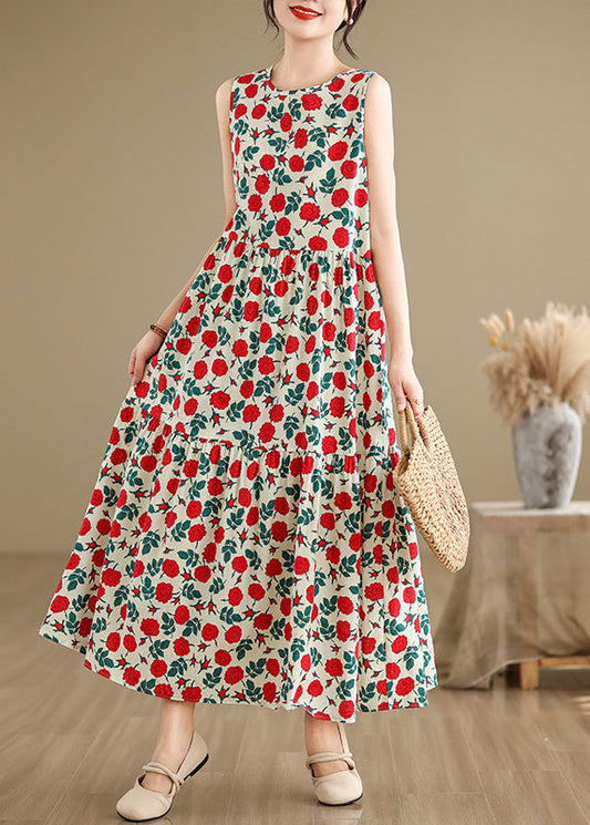 Beige O Neck Print Cotton Long Dresses Sleeveless