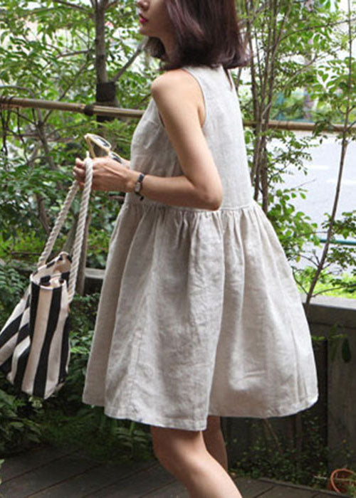 Beige O-neck Wrinkled Cotton Vacation Dress Summer