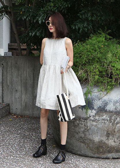 Beige O-neck Wrinkled Cotton Vacation Dress Summer