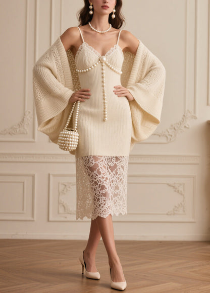 Beige Patchwork Fine Pearl Knit Two Piece Set Clothing Spring